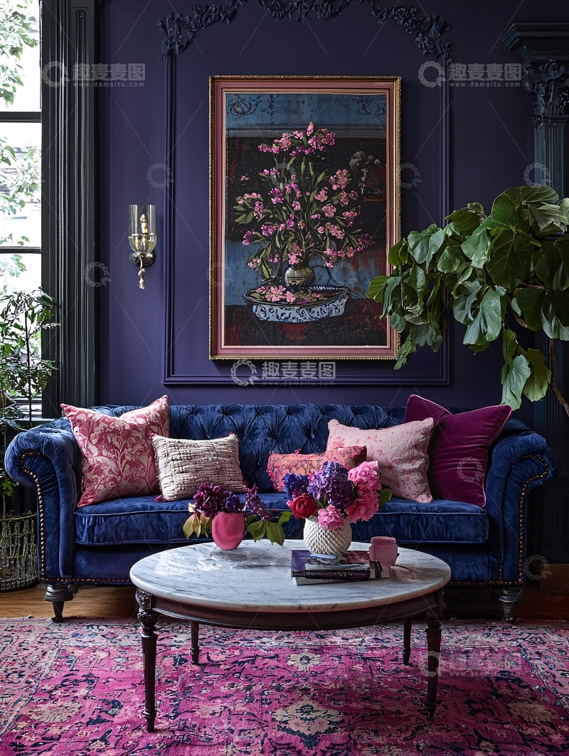 高清大图下载【趣麦麦图】深蓝色丝绒沙发