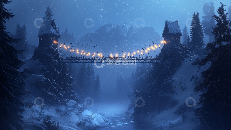 高清大图下载【趣麦麦图】冰雪峡谷灯光桥梁