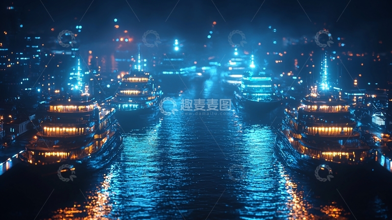 高清大图下载【趣麦麦图】夜景河流游轮