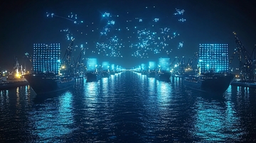 夜晚港口数据流船舶