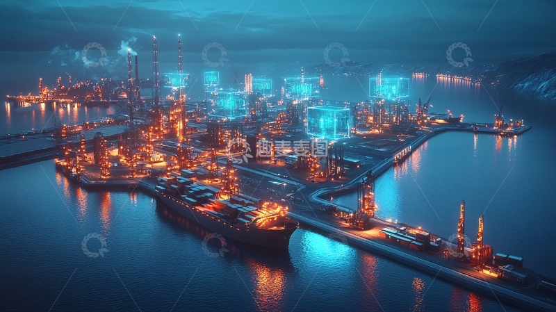 高清大图下载【趣麦麦图】夜晚港口工业区全景