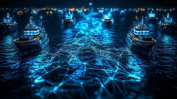 夜晚港口船队网络连接