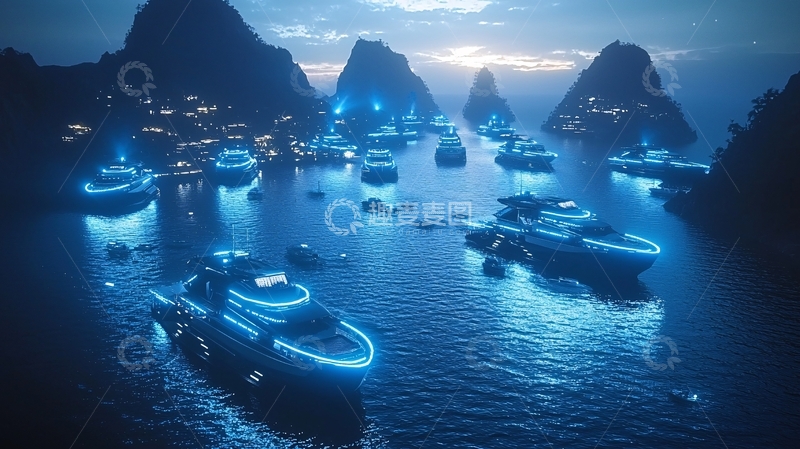 高清大图下载【趣麦麦图】夜幕下的蓝色超级游艇群岛
