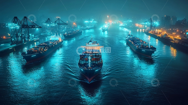 高清大图下载【趣麦麦图】夜晚港口集装箱货船