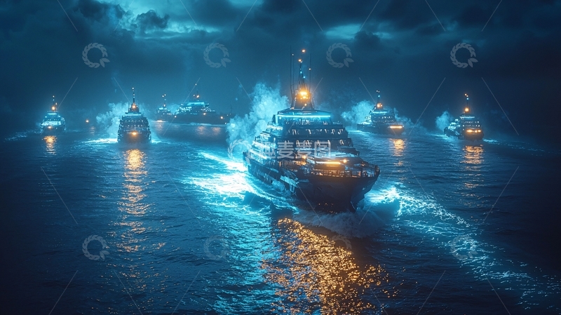 高清大图下载【趣麦麦图】暴风雨夜航行船队