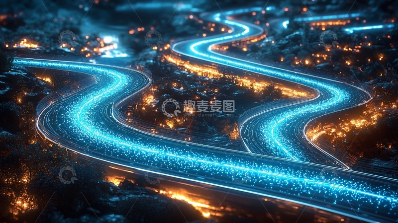 高清大图下载【趣麦麦图】夜幕下蜿蜒的蓝色光带公路