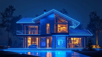 夜晚灯光下的智能别墅