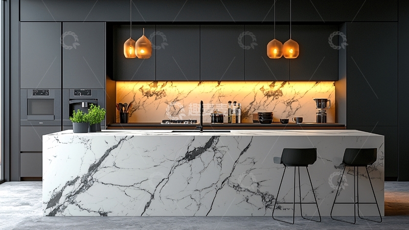 高清大图下载【趣麦麦图】现代极简黑色橱柜白色大理石台面