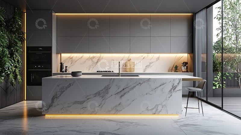 高清大图下载【趣麦麦图】现代极简风格大理石厨房