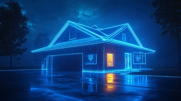 蓝光线条勾勒的智能家居别墅