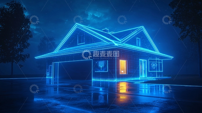高清大图下载【趣麦麦图】蓝光线条勾勒的智能家居别墅