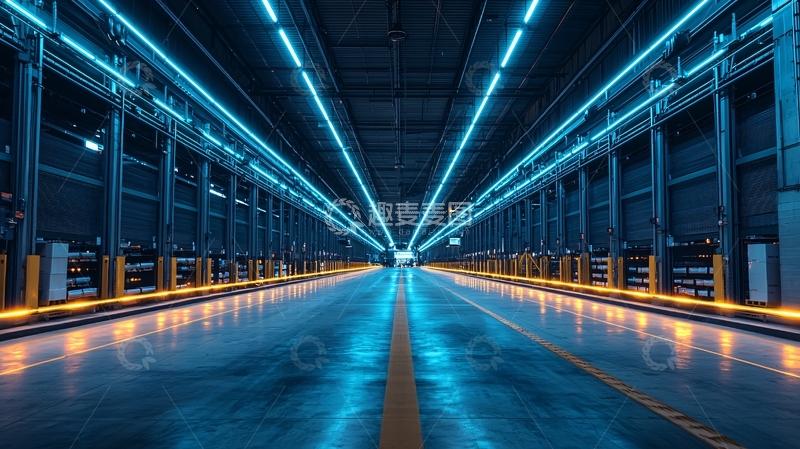 高清大图下载【趣麦麦图】蓝色灯光下的现代化仓库