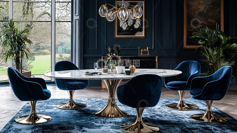 高清大图下载【趣麦麦图】深蓝色绒布餐椅大理石餐桌