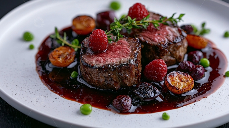 高清大图下载【趣麦麦图】红酒汁煎牛排配覆盆子