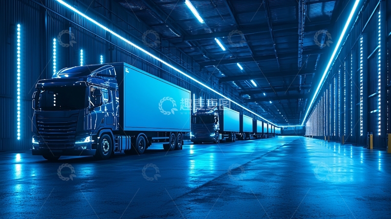 高清大图下载【趣麦麦图】蓝色灯光下的卡车仓库