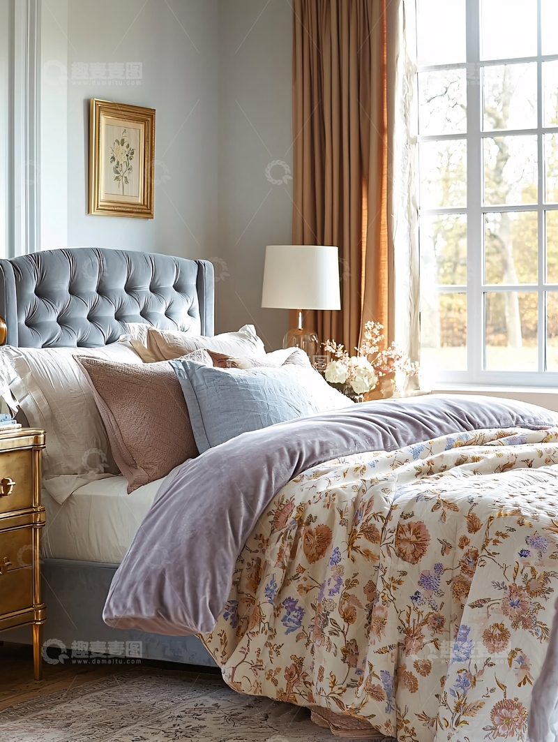 高清大图下载【趣麦麦图】灰色绒面床头板卧室