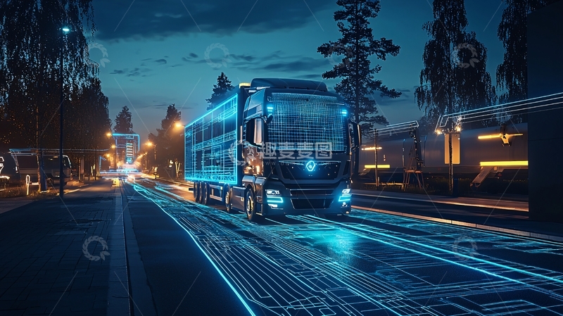 高清大图下载【趣麦麦图】夜晚公路自动驾驶卡车