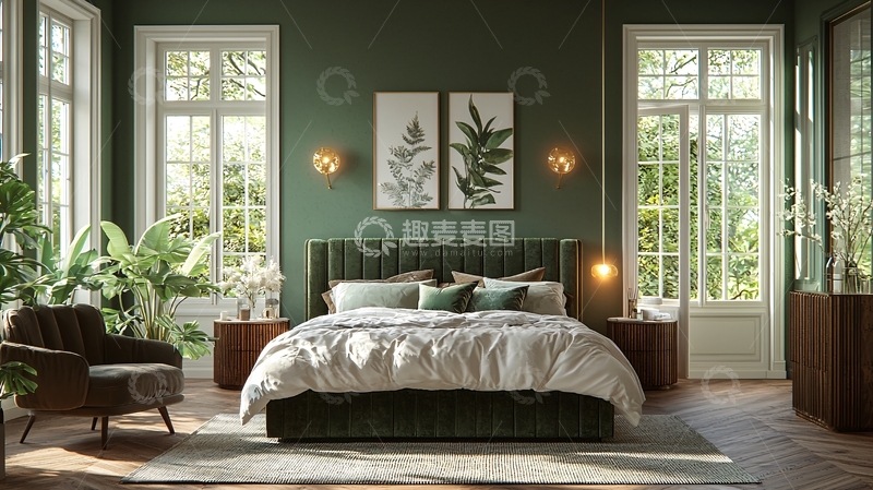 高清大图下载【趣麦麦图】暗绿色卧室