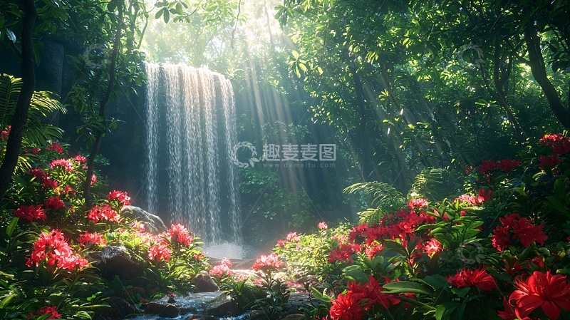 高清大图下载【趣麦麦图】阳光森林瀑布
