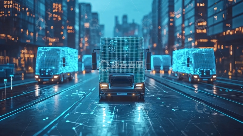 高清大图下载【趣麦麦图】夜间城市高速公路自动驾驶卡车队