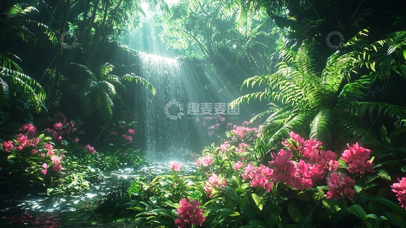 高清大图下载【趣麦麦图】热带雨林瀑布花海