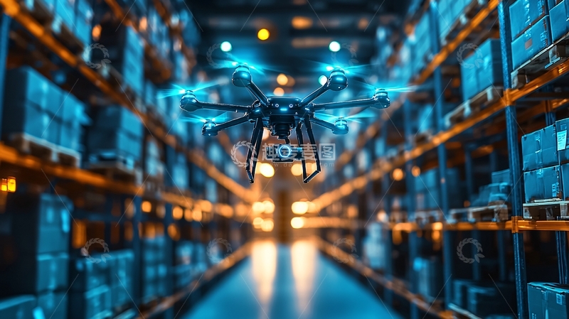 高清大图下载【趣麦麦图】仓库中飞行的蓝色无人机