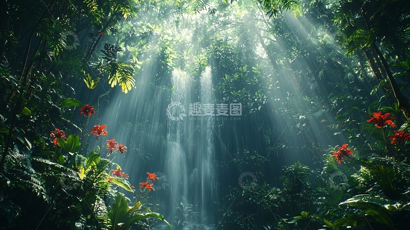 高清大图下载【趣麦麦图】阳光森林瀑布