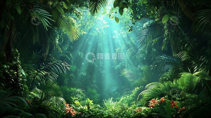 高清大图下载【趣麦麦图】热带雨林光线透过树叶