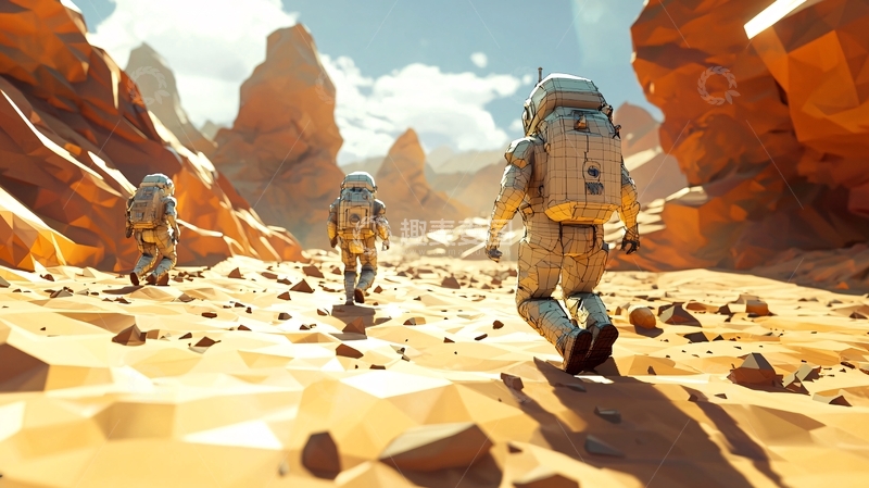 高清大图下载【趣麦麦图】宇航员探索火星峡谷