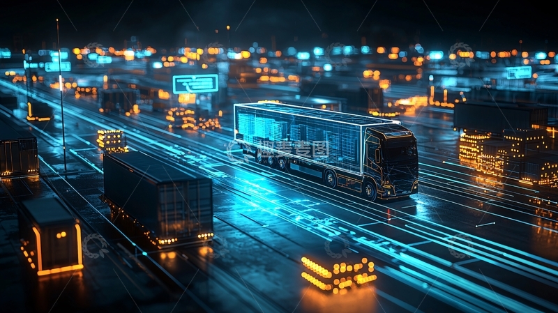 高清大图下载【趣麦麦图】夜间高速公路上的自动驾驶卡车