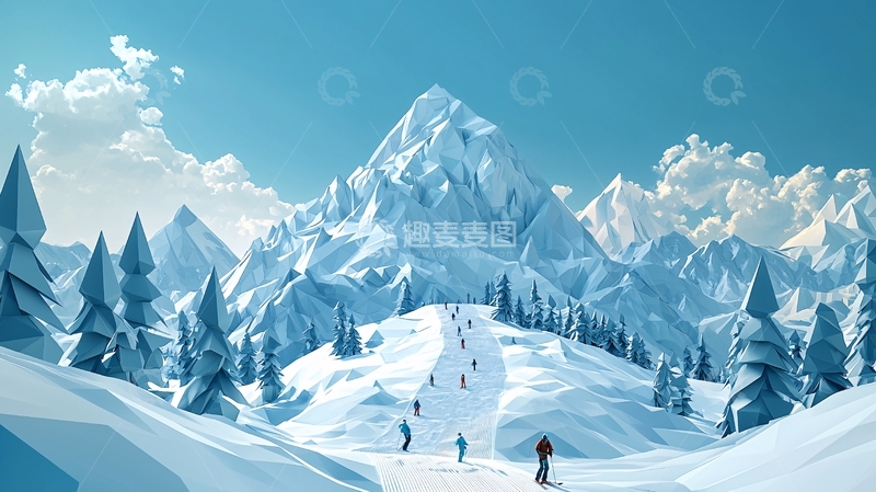 高清大图下载【趣麦麦图】低多边形雪山滑雪场景