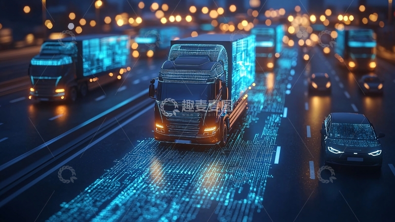 高清大图下载【趣麦麦图】繁忙都市夜景中的自动驾驶卡车