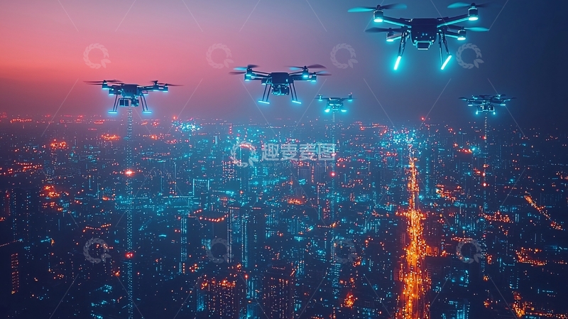 高清大图下载【趣麦麦图】无人机群飞跃夜景城市