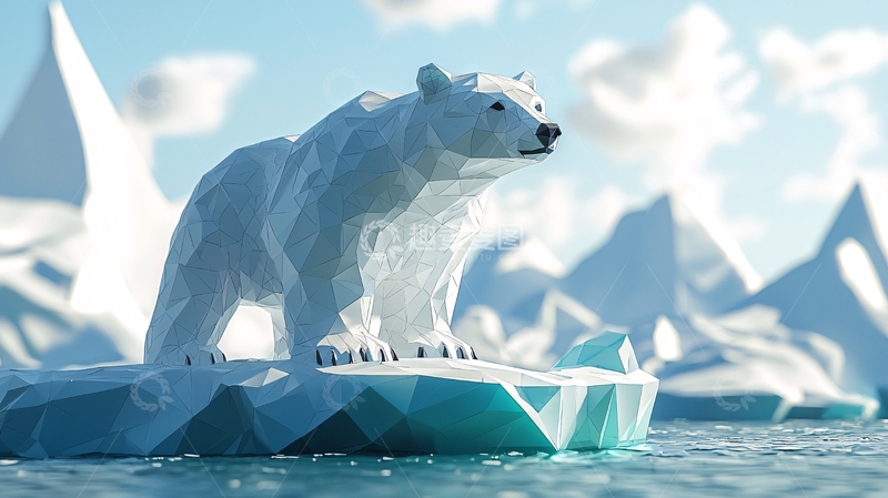 高清大图下载【趣麦麦图】低多边形北极熊冰川