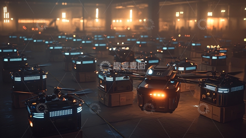 高清大图下载【趣麦麦图】夜晚仓库自动驾驶机器人