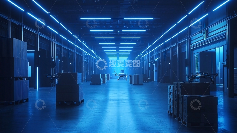 高清大图下载【趣麦麦图】蓝色灯光下的未来科技仓库