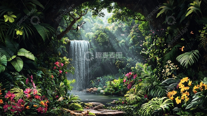 高清大图下载【趣麦麦图】热带雨林瀑布景观