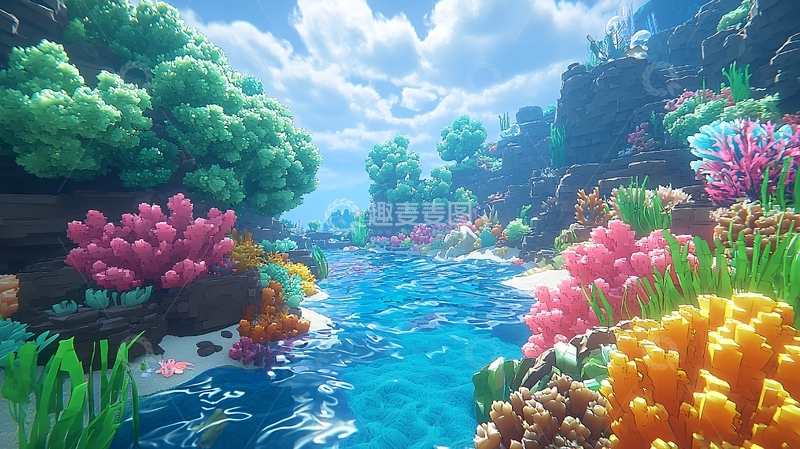 高清大图下载【趣麦麦图】梦幻珊瑚礁溪流
