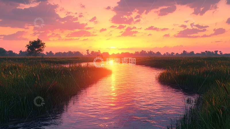 高清大图下载【趣麦麦图】夕阳西下河流风景