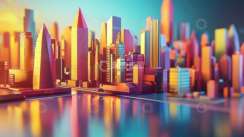 高清大图下载【趣麦麦图】彩色低多边形城市景观