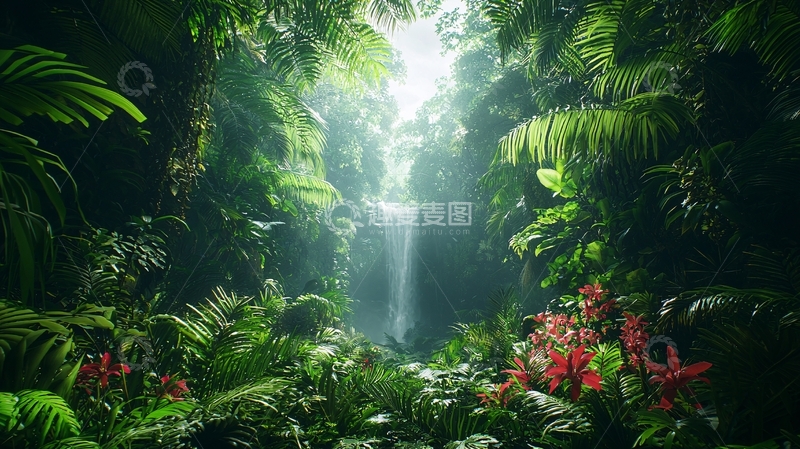 高清大图下载【趣麦麦图】茂密雨林瀑布景观
