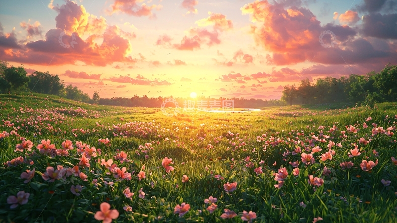高清大图下载【趣麦麦图】日出花海草原