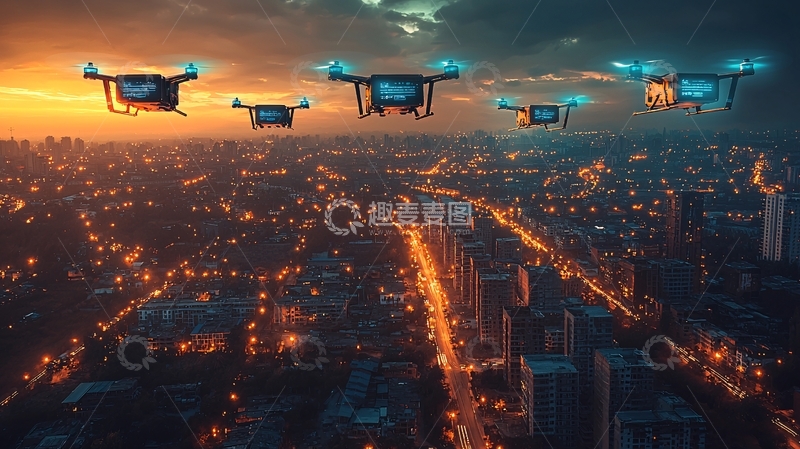 高清大图下载【趣麦麦图】日落城市上空无人机群