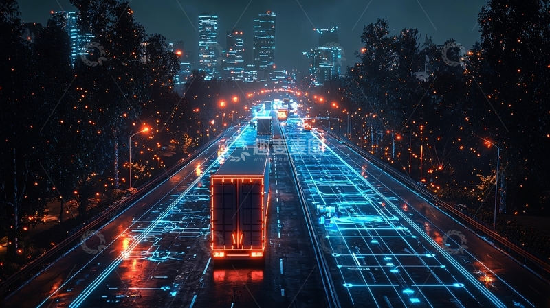 高清大图下载【趣麦麦图】夜间高速公路自动驾驶卡车