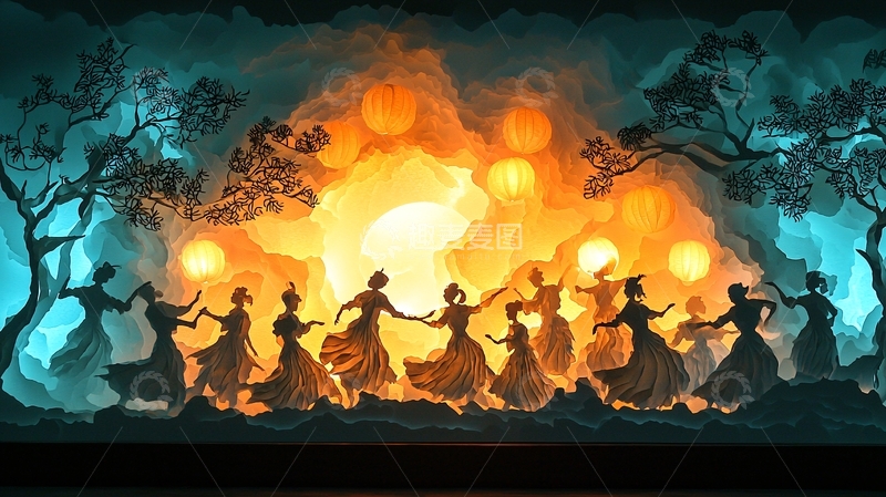 高清大图下载【趣麦麦图】剪纸风格梦幻舞蹈