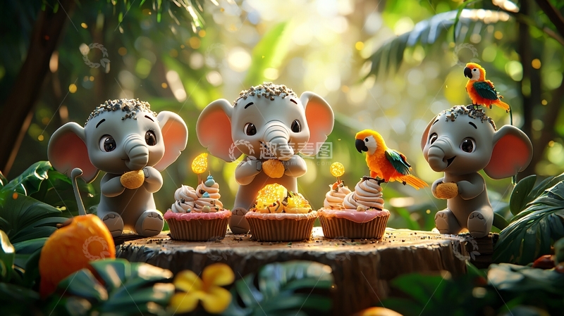 高清大图下载【趣麦麦图】可爱小象与鹦鹉蛋糕