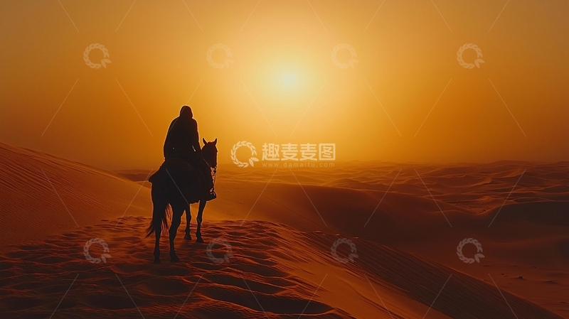 高清大图下载【趣麦麦图】沙漠落日骑马