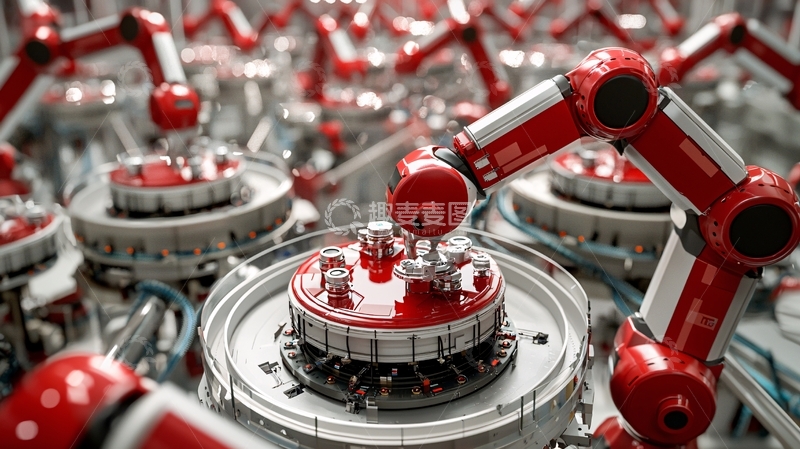 高清大图下载【趣麦麦图】红色机械臂自动化生产线