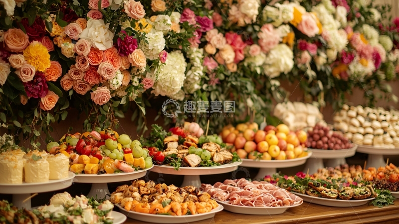 高清大图下载【趣麦麦图】鲜花背景的美食自助餐