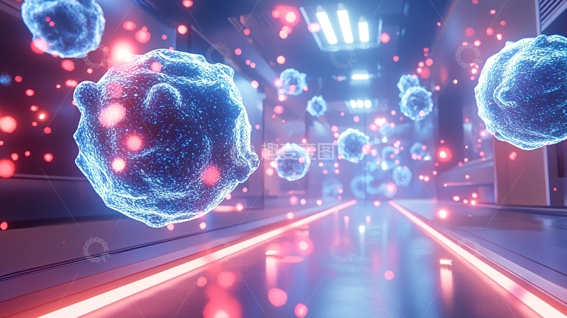 高清大图下载【趣麦麦图】蓝色发光球体漂浮在红色科幻走廊